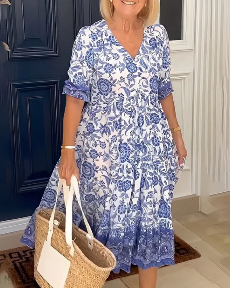Aude - Elegant floral dress with V-neckline