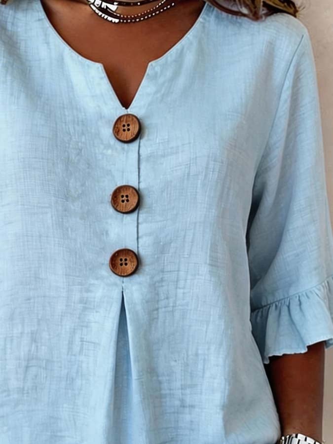 Tyvora - Women's Plain Flowy Blouse with Ruffled Sleeves and Wooden Buttons, Boho Style