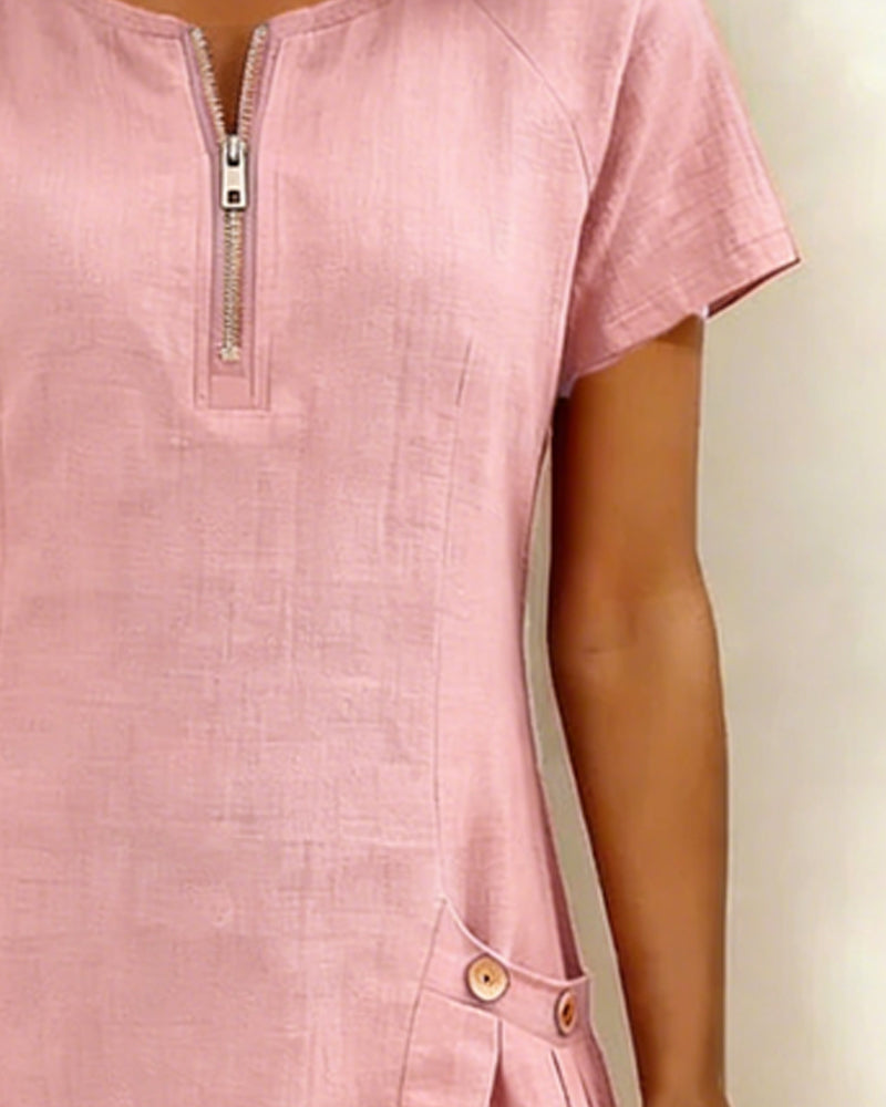 Kovira - Cotton Linen Short Dress with Zipper and Pockets