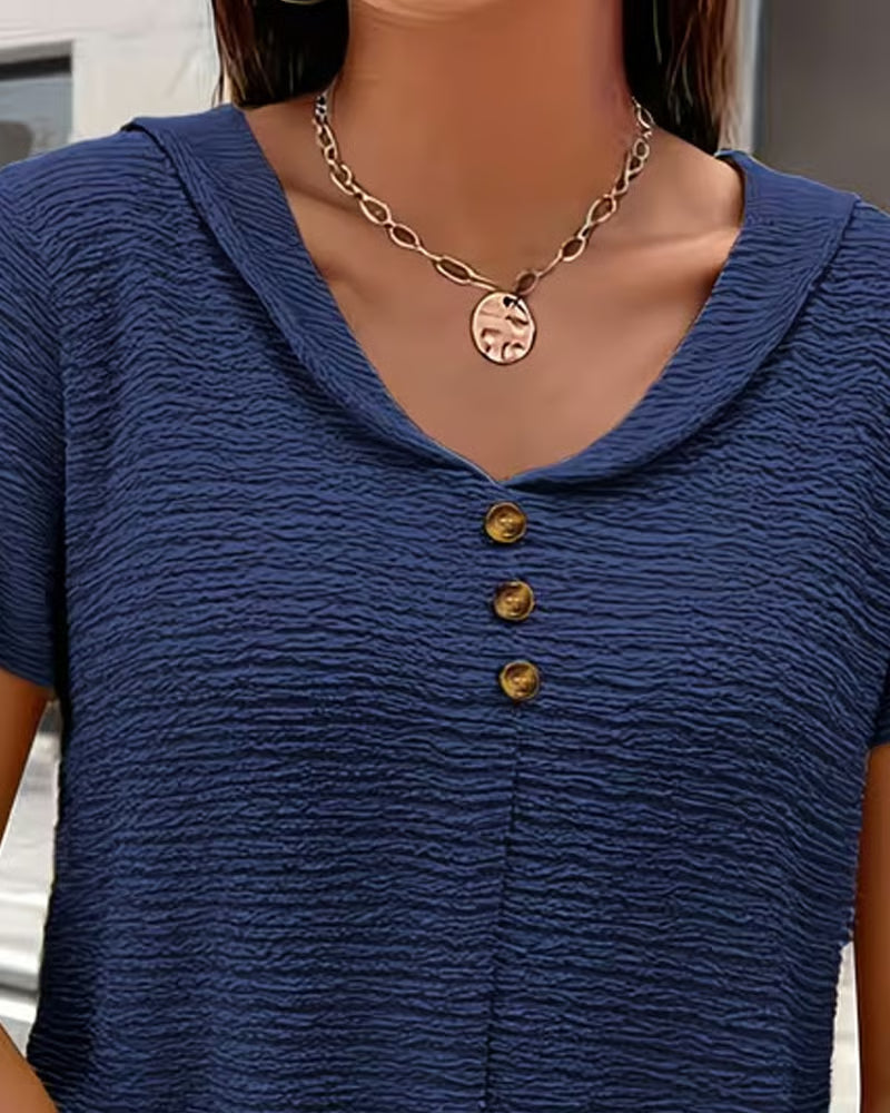 Syzelle - Women's textured round neck short sleeve t-shirt with decorative buttons, elegant