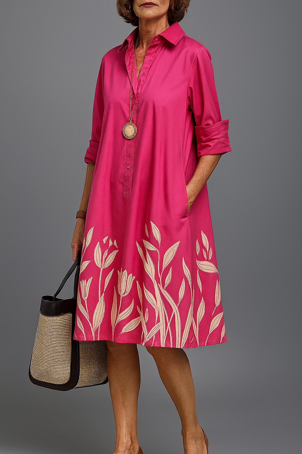 Mirexa - Flowy Midi Dress with Shirt Collar and Elegant Print