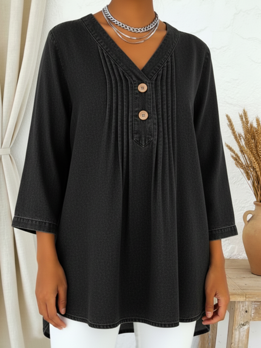 Avelynne - Flowy Denim Blouse with V-Neck
