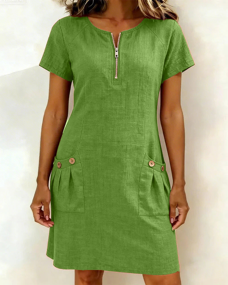 Kovira - Cotton Linen Short Dress with Zipper and Pockets
