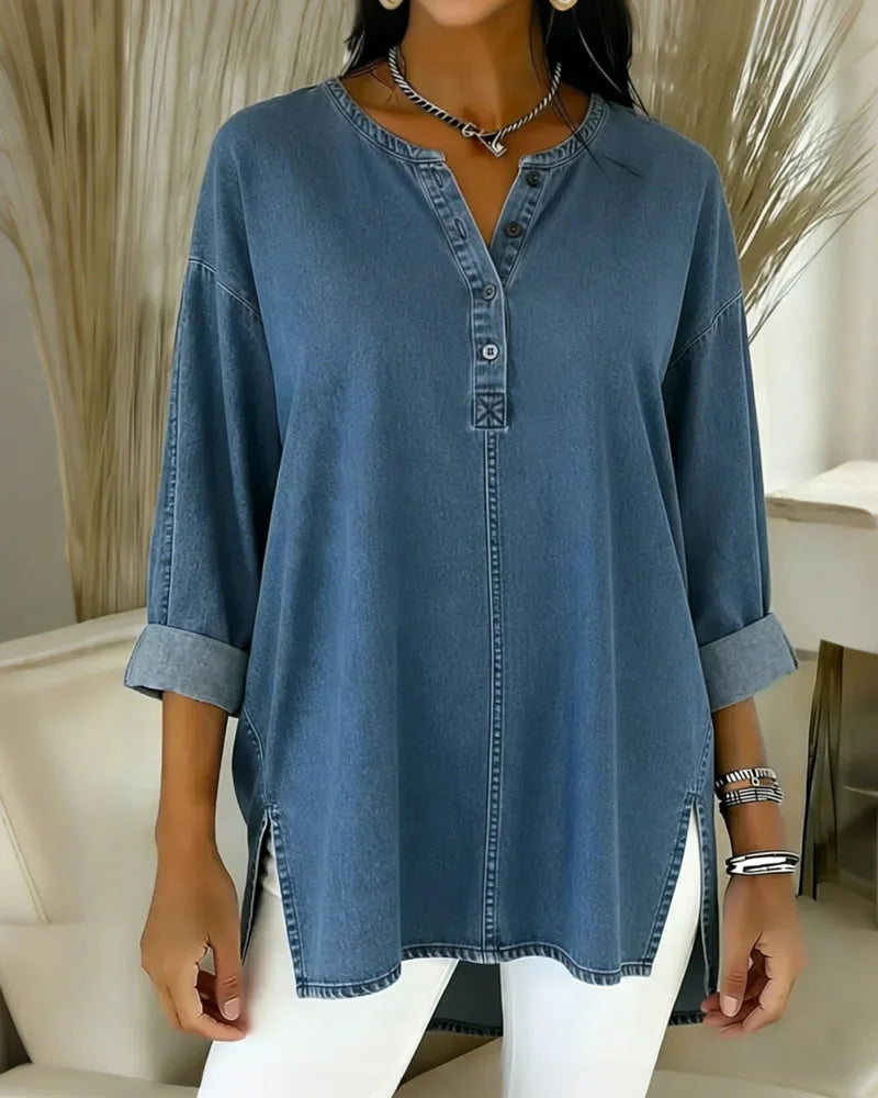 Heliravessa - Button-Down Casual Denim Top with V-Neck