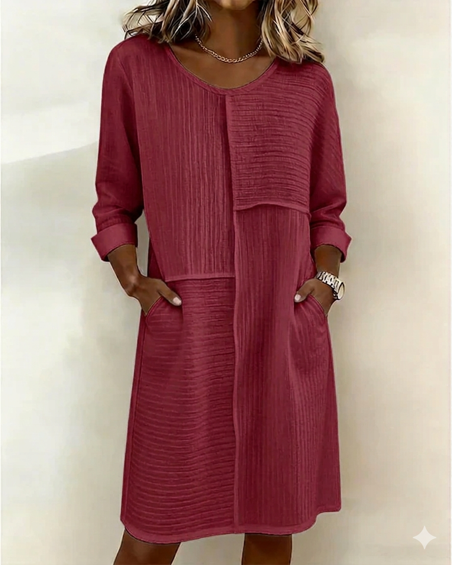 Gaelle - Women's Cotton Linen Textured Flowing Dress Long Sleeves Comfort