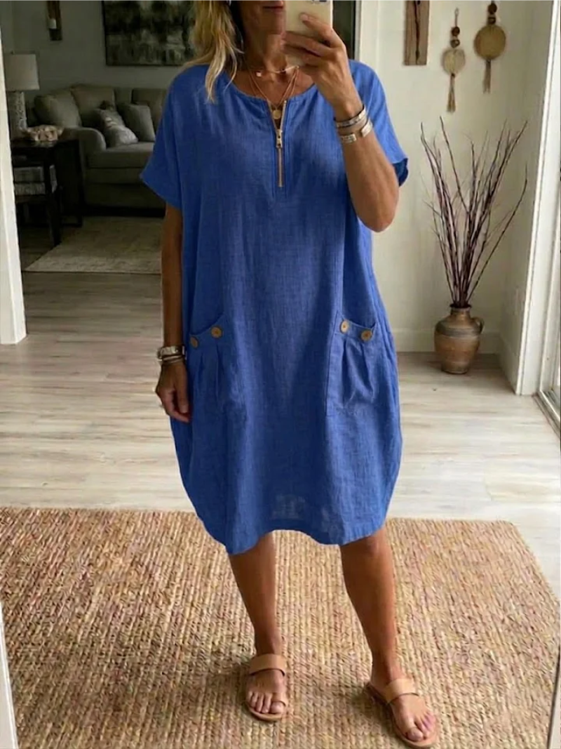 Sylexa - Women's Loose Fit Round Neck Dress with Front Zip, Casual Style