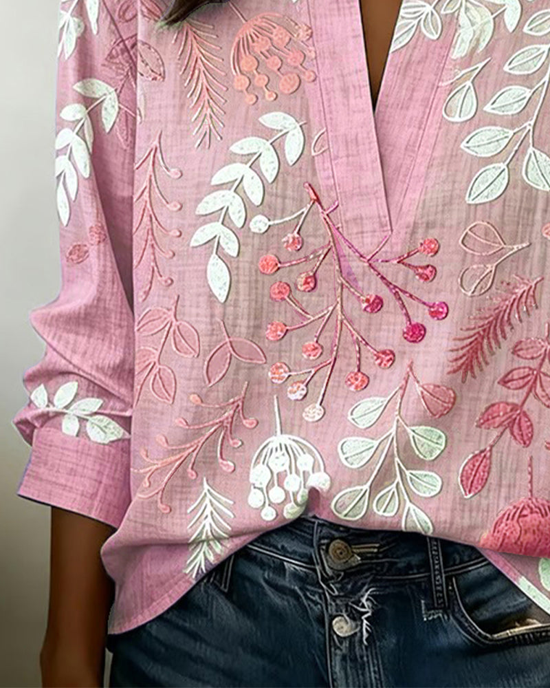 Drynora - Women's Floral Print Open Collar Long Sleeve Elegant Style Blouse