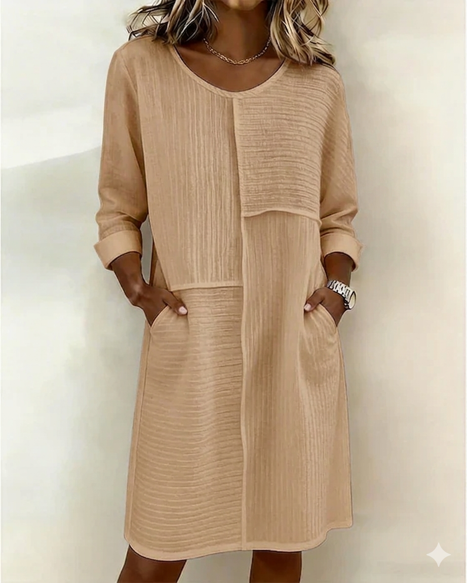 Gaelle - Women's Cotton Linen Textured Flowing Dress Long Sleeves Comfort