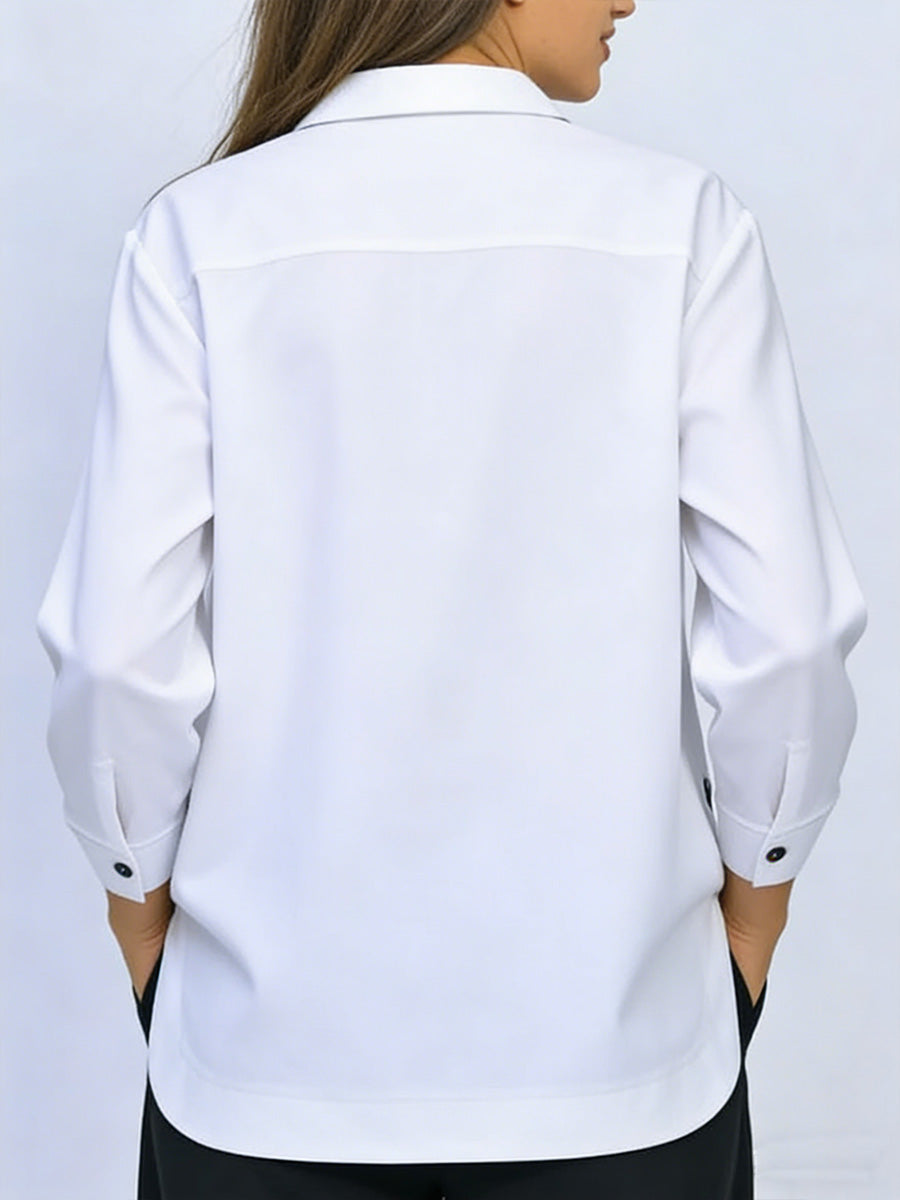 Pryxa - Women's Shirt Classic Collar Elegant Opening Long Sleeves Minimalist