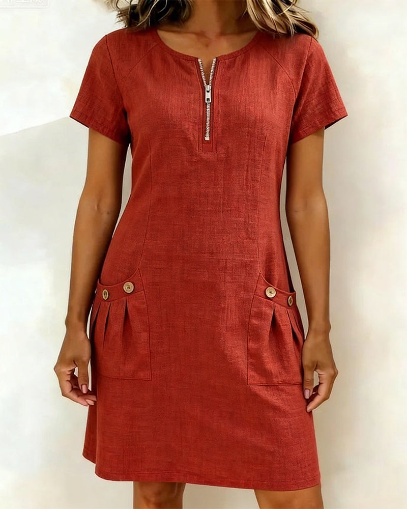 Kovira - Cotton Linen Short Dress with Zipper and Pockets