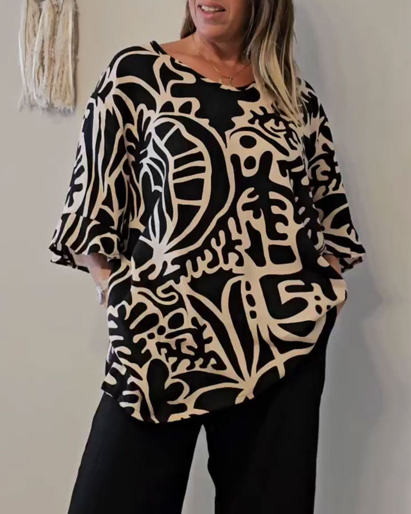 Brynitha - Women's Loose-Fit Abstract Print Top