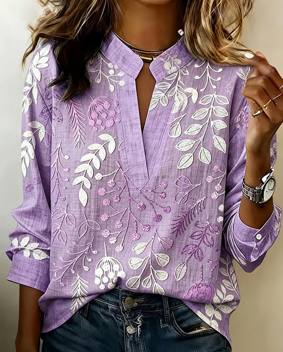 Drynora - Women's Floral Print Open Collar Long Sleeve Elegant Style Blouse