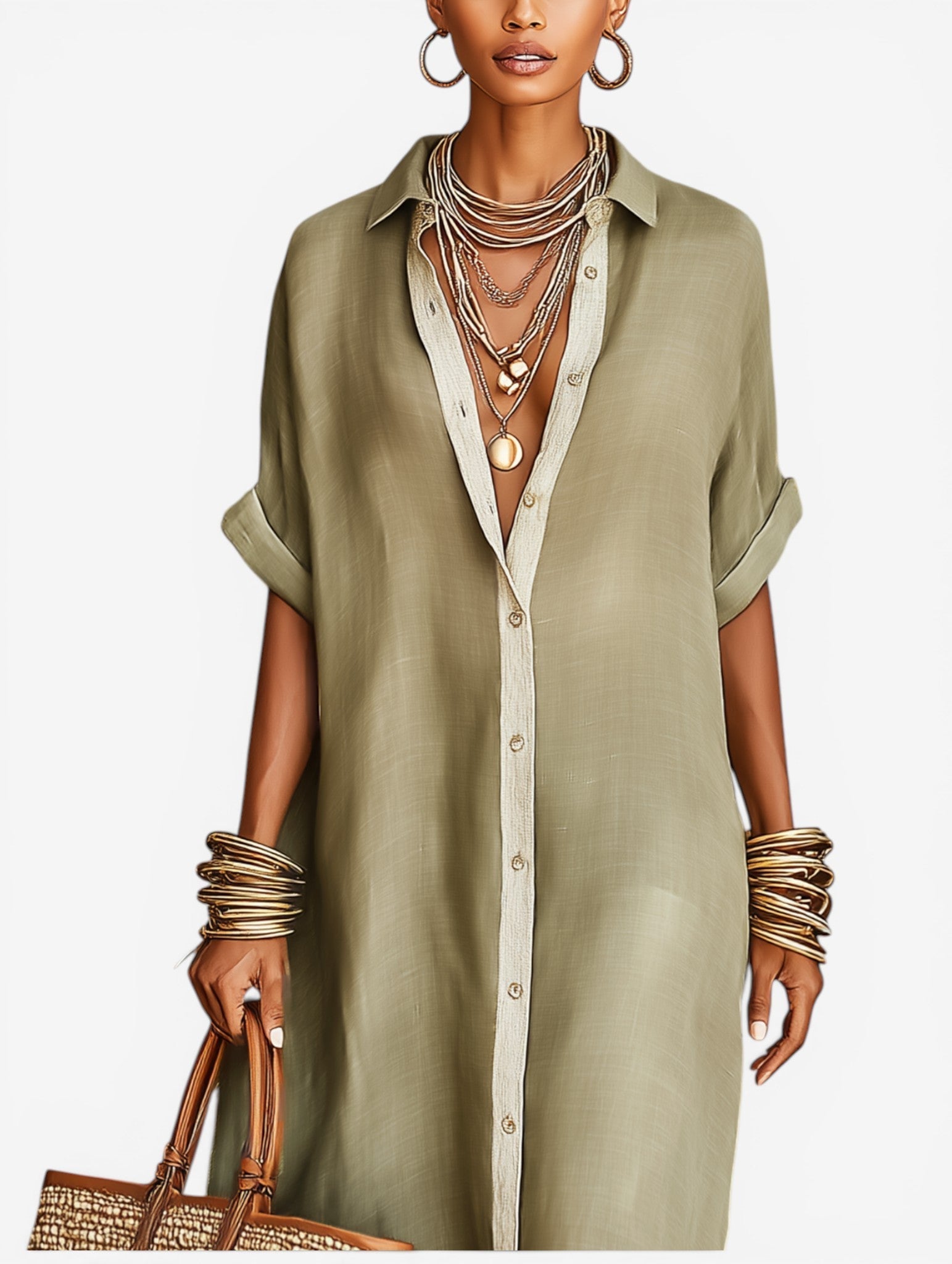 Brivelle - Women's Button-Down Midi Shirt Dress Loose Flowy Elegant