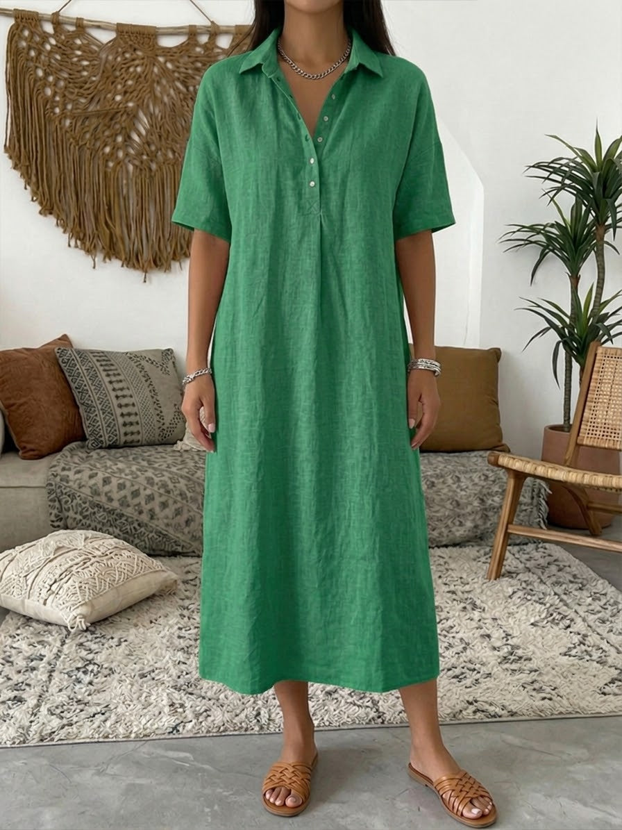 Iovelle - Women's Casual Cotton Linen Polo Dress Short Sleeve Summer