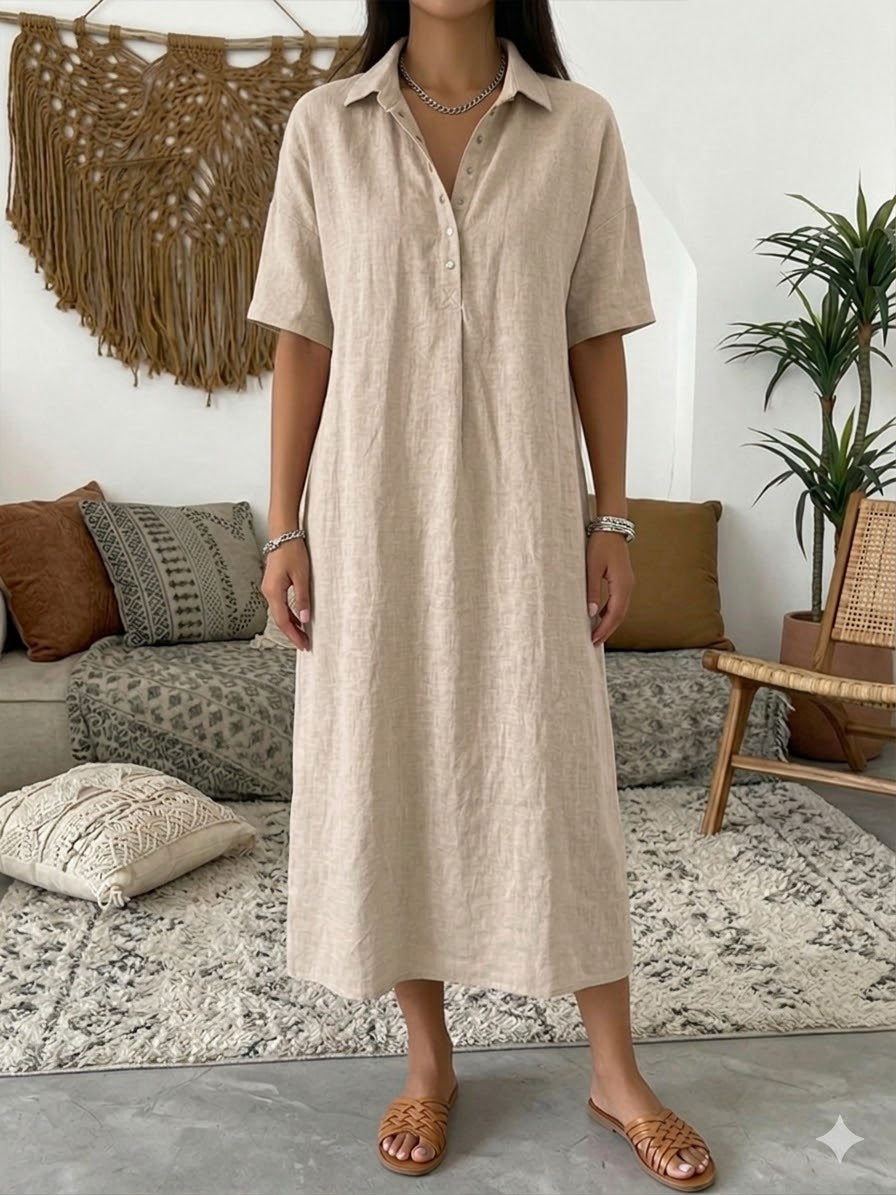 Iovelle - Women's Casual Cotton Linen Polo Dress Short Sleeve Summer