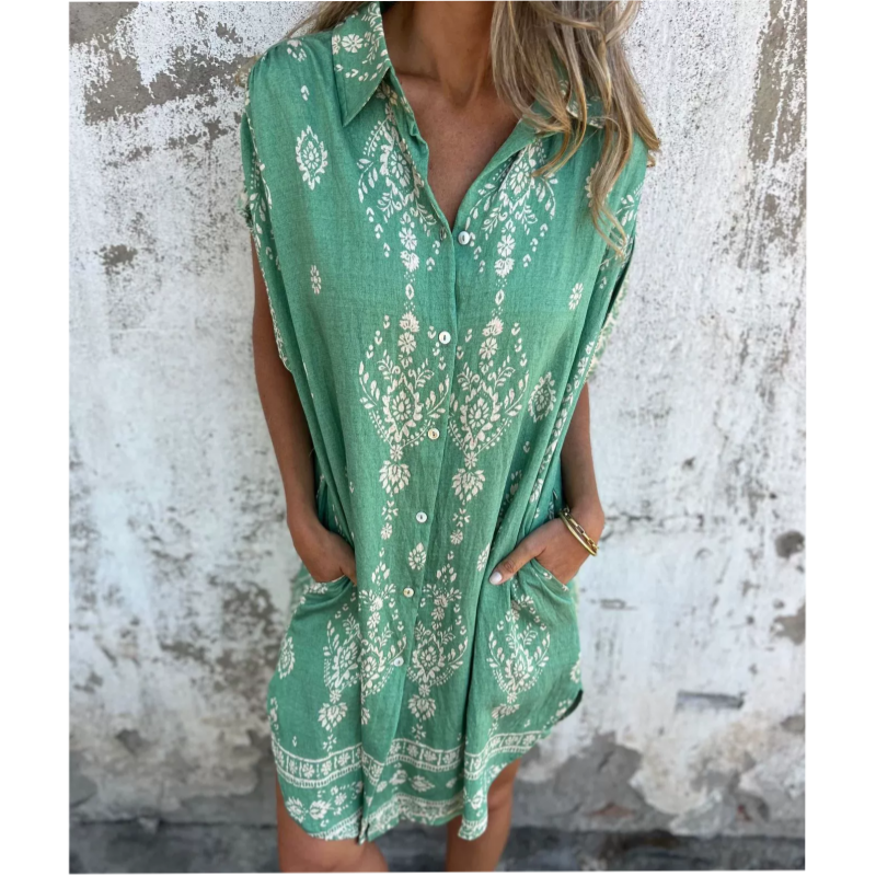 Sylviane - Loose Printed Short Sleeve Dress with Pockets
