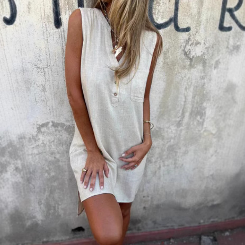 Noelia - Women's Sleeveless Button-Up V-Neck Dress