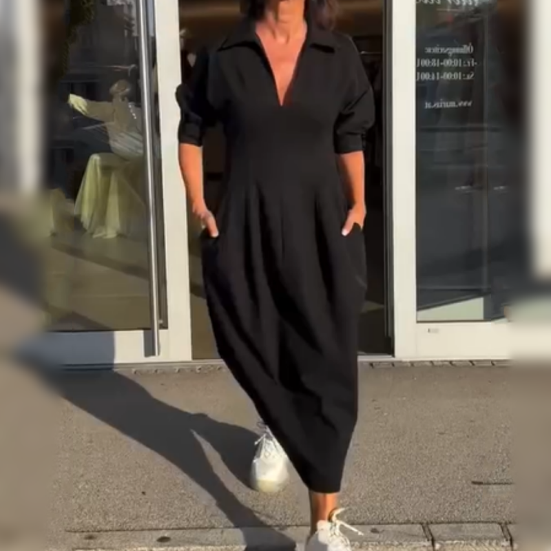 Stephanie - Elegant V-Neck Lapel Midi Dress