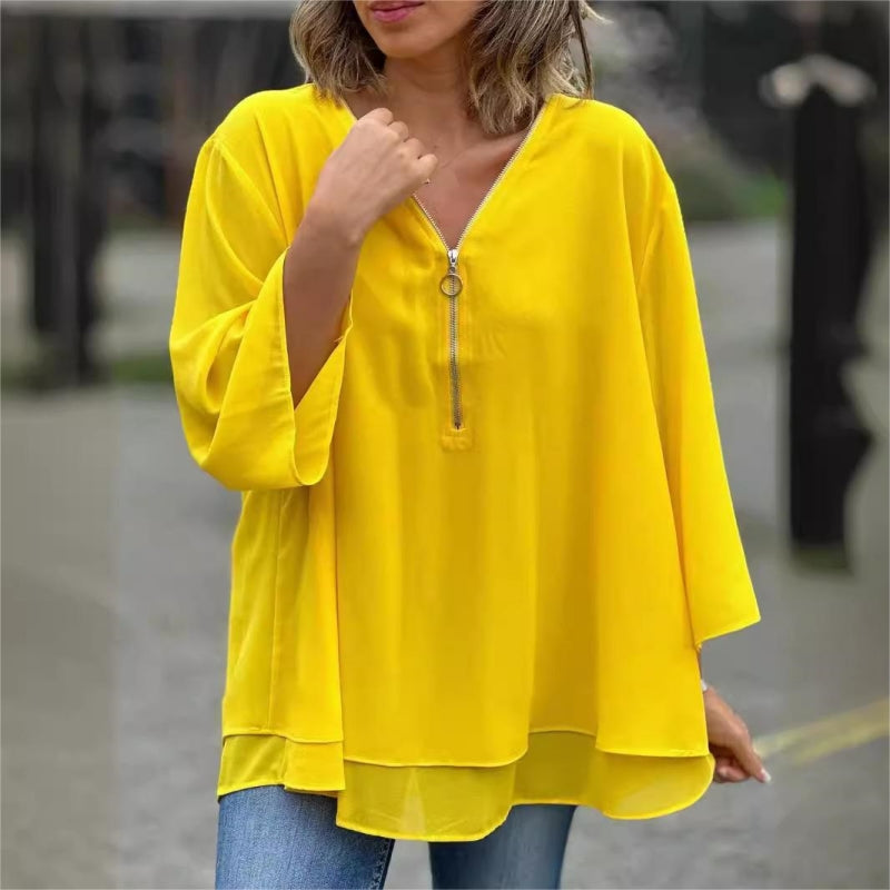 Quorina - Women's Chiffon V-Neck Zip 3/4 Sleeve Flowy Elegant Blouse