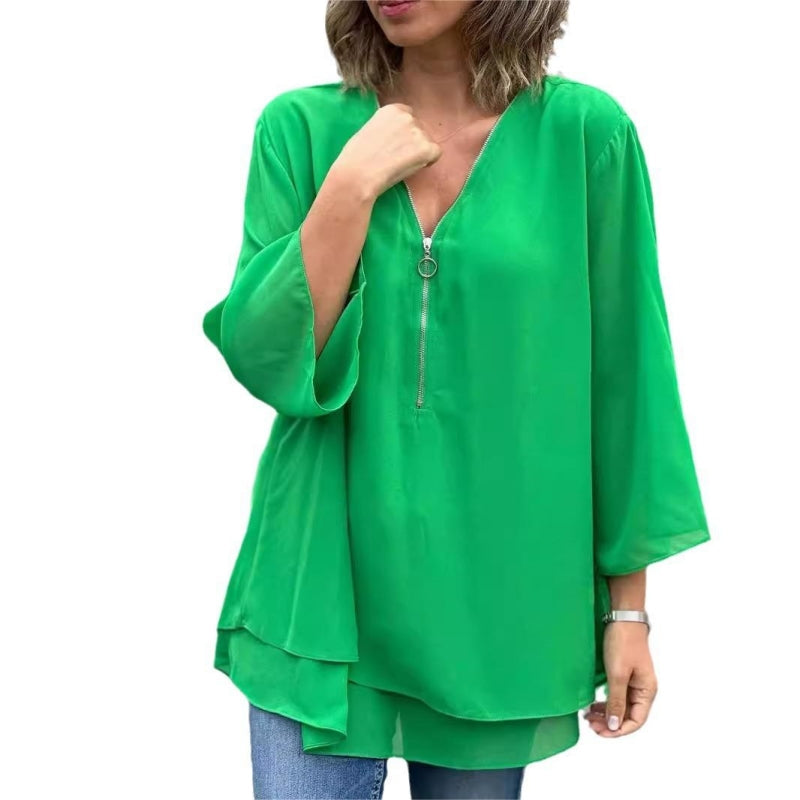 Quorina - Women's Chiffon V-Neck Zip 3/4 Sleeve Flowy Elegant Blouse