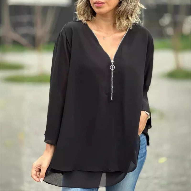 Quorina - Women's Chiffon V-Neck Zip 3/4 Sleeve Flowy Elegant Blouse