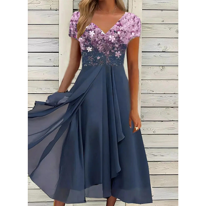 Halina - Elegant Printed V-Neck Dress