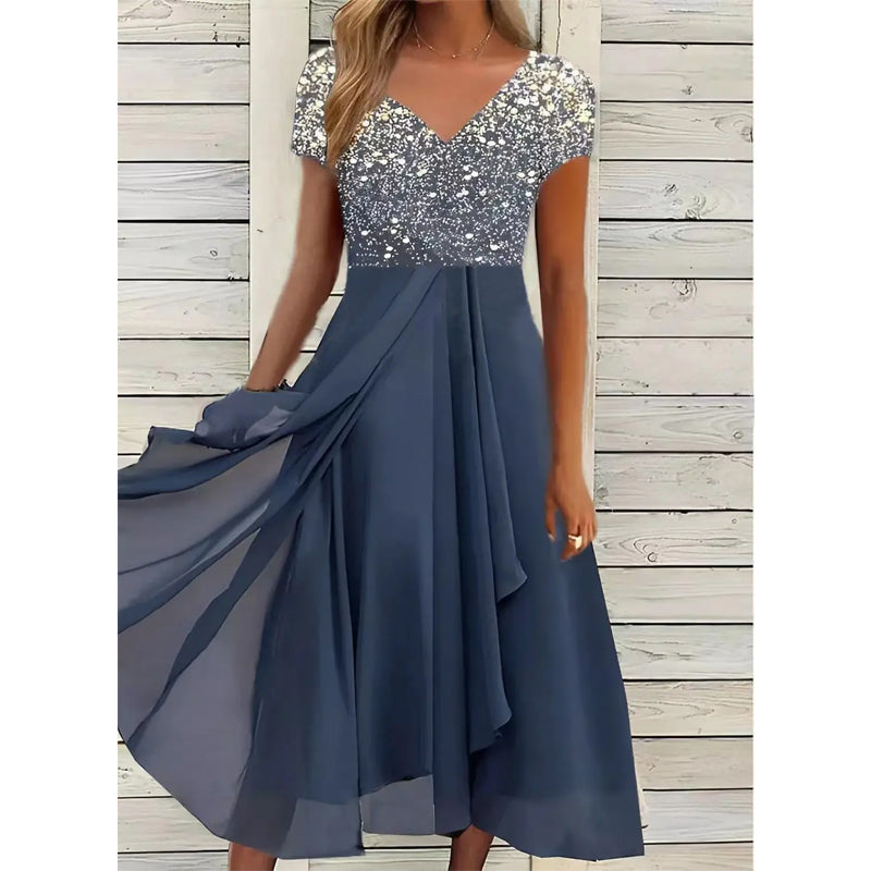 Halina - Elegant Printed V-Neck Dress