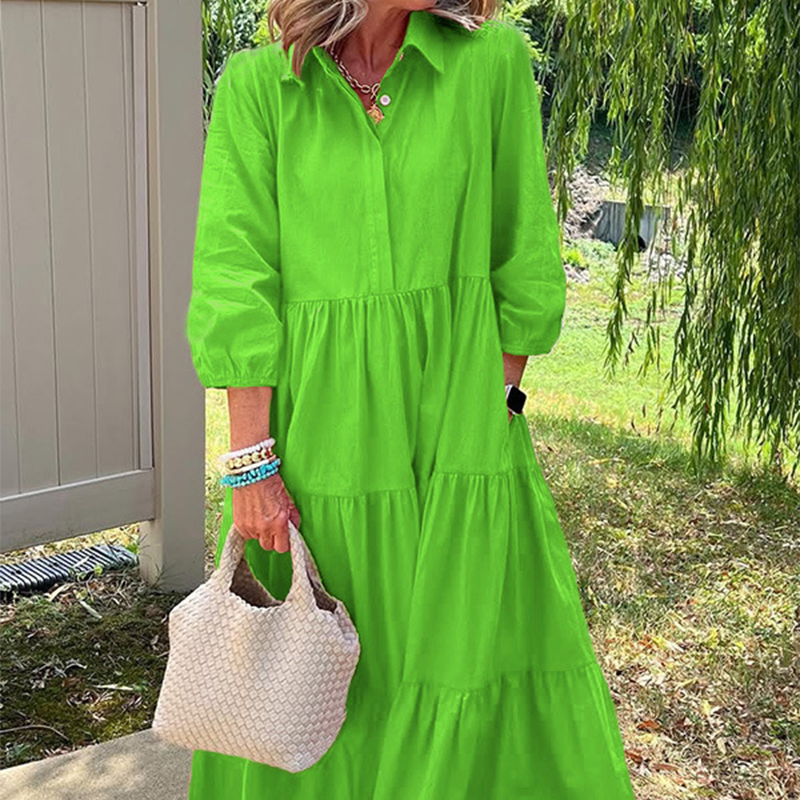 Faelina - Women's Casual Dress, Loose Fit with Lapel Collar and Ankle Length