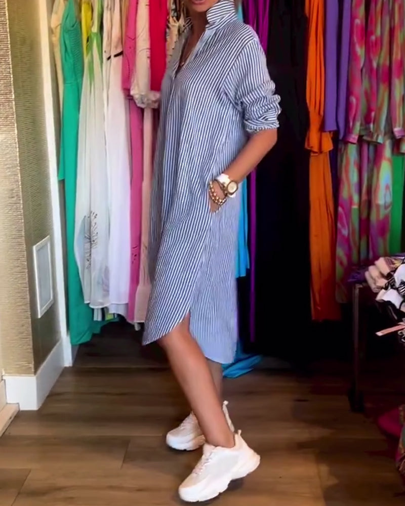 Cato - Striped Shirt Dress with Lapel Collar