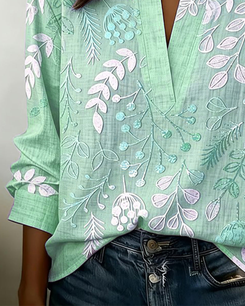 Drynora - Women's Floral Print Open Collar Long Sleeve Elegant Style Blouse
