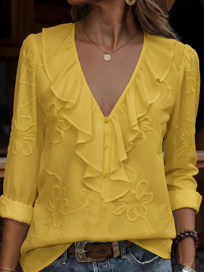 Myrella - Vintage Ruffled and Floral Embroidered Blouse