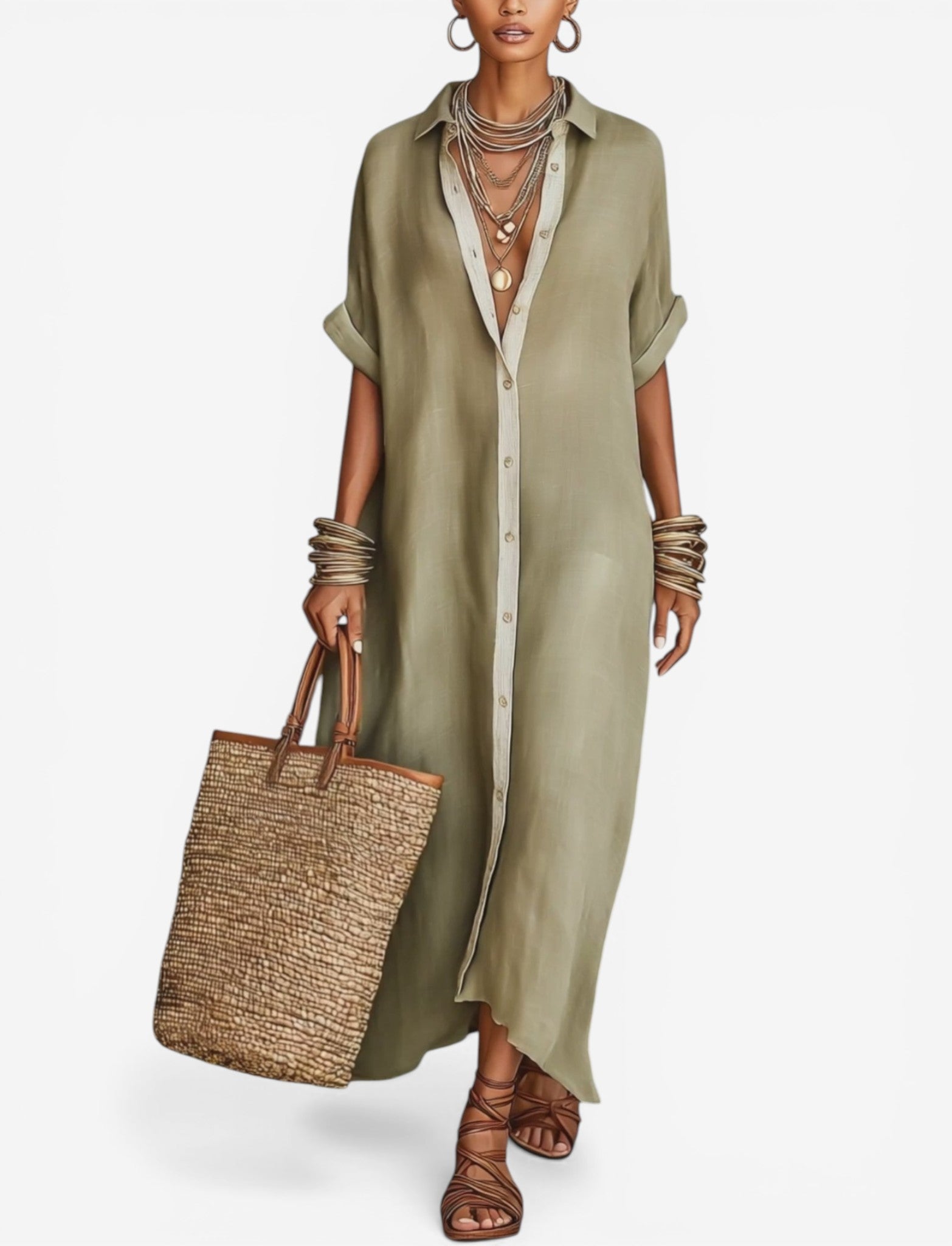 Brivelle - Women's Button-Down Midi Shirt Dress Loose Flowy Elegant