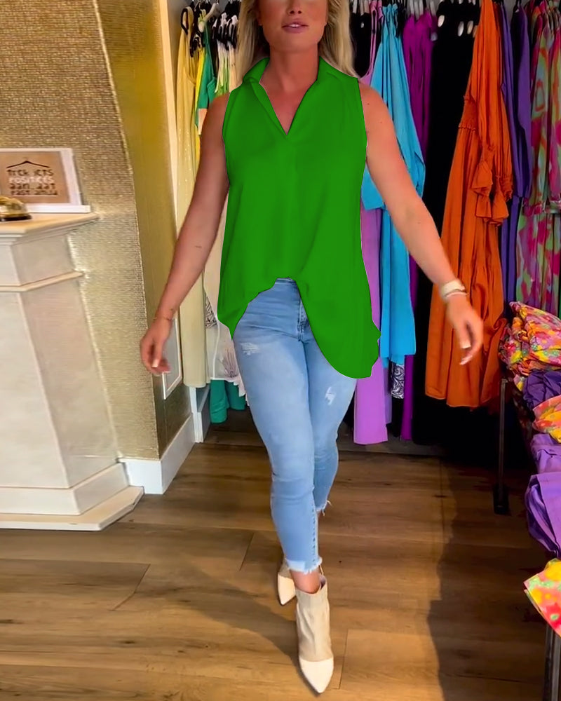 Tahliana - Sleeveless Top with Subtle Ruffles and Elegant Lapels