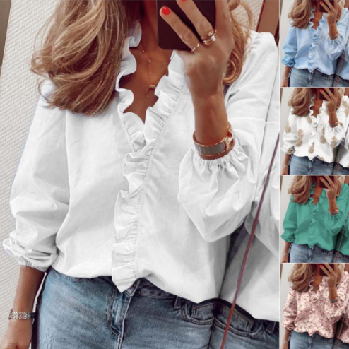 Nythera - Women's Ruffled V-Neck Lantern Sleeve Blouse