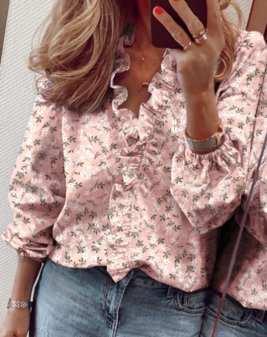 Nythera - Women's Ruffled V-Neck Lantern Sleeve Blouse