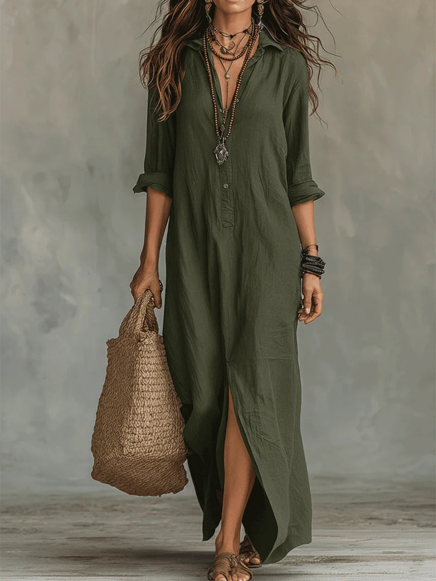 Olyndra - Women's Flowy Button-Down Long Dress Timeless Elegant Style