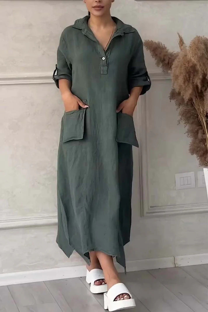 Leontine - Women's maxi dress in linen and cotton with lapels
