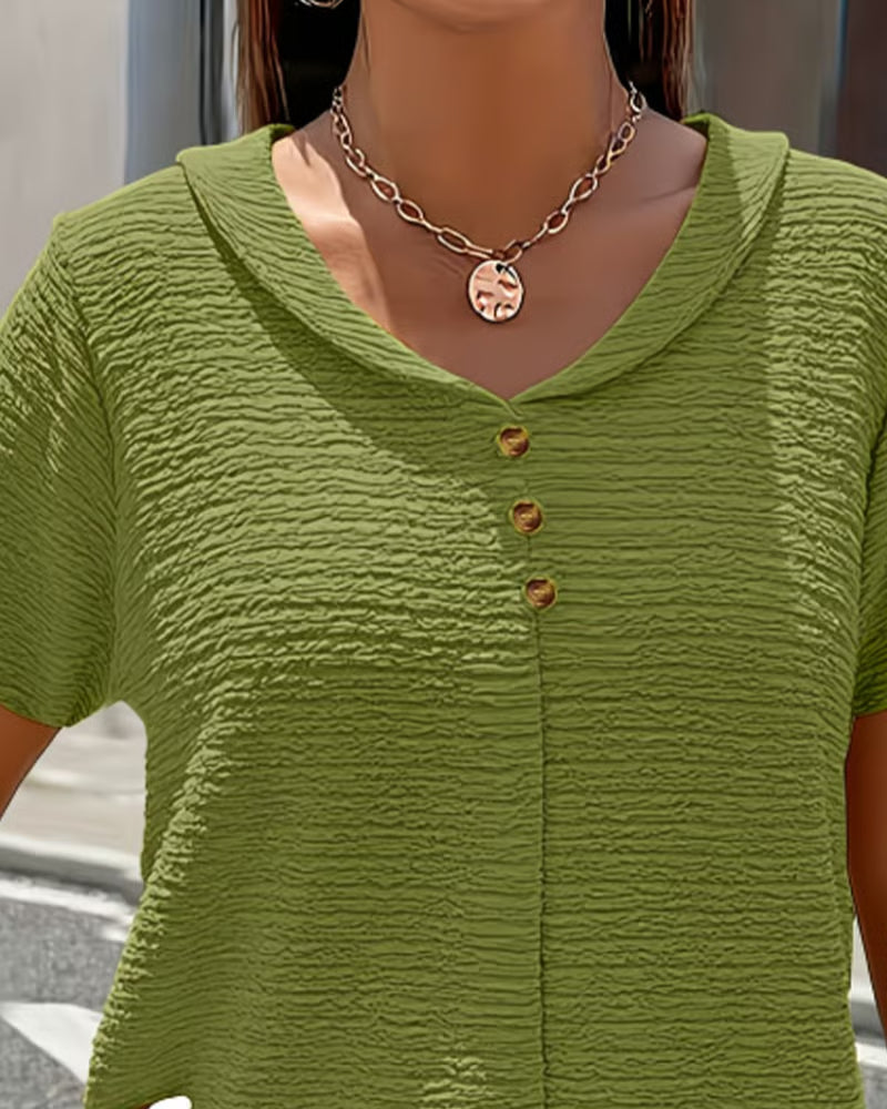 Syzelle - Women's textured round neck short sleeve t-shirt with decorative buttons, elegant