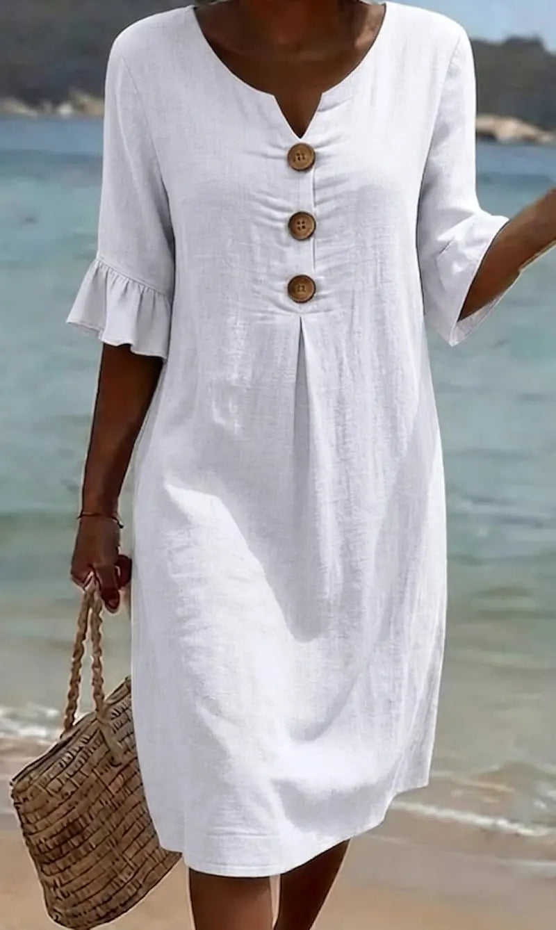 Beatrix - Women's Cotton Linen Dress Flowy Cut Buttons Flared Sleeves Elegant