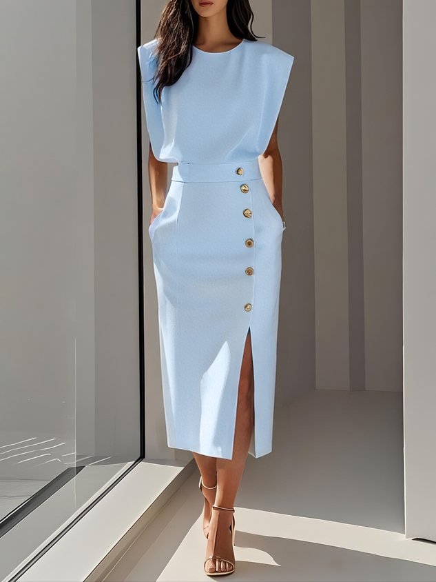 Floralia - Plain midi dress with button slit and round neckline
