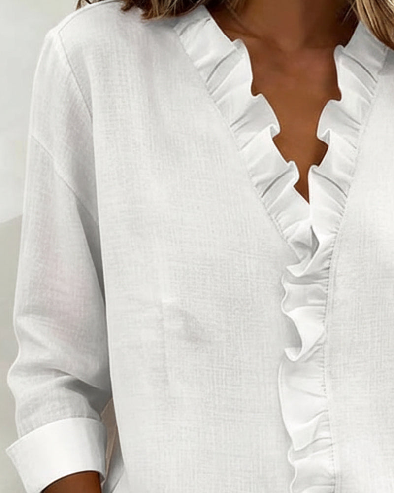 Elissavienne - Elegant Cotton Blouse with Ruffles and V-Neck
