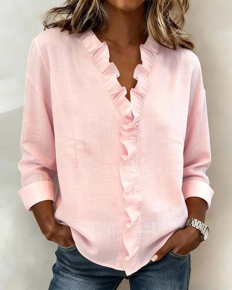 Elissavienne - Elegant Cotton Blouse with Ruffles and V-Neck