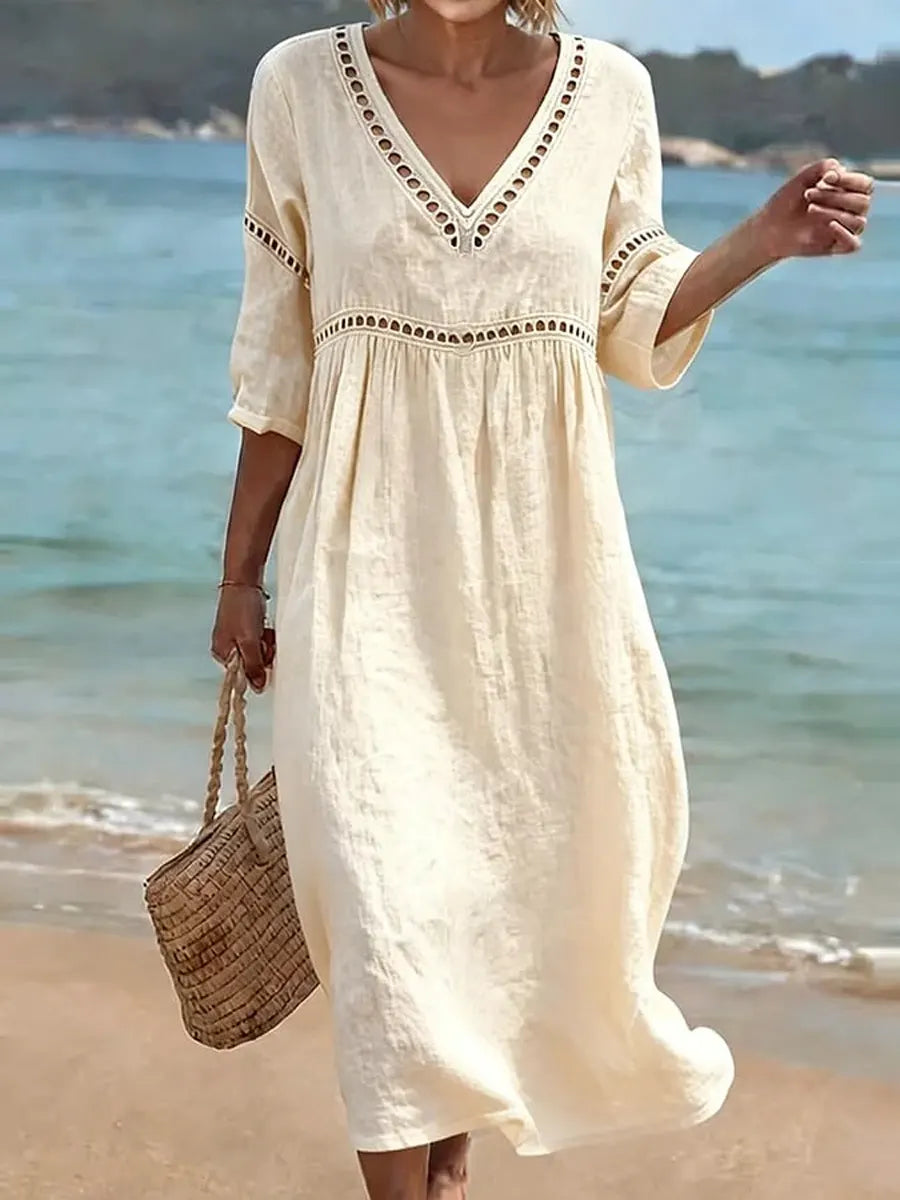 Rynoxa - Women's flowing midi dress V-neck wide sleeves elegant natural style