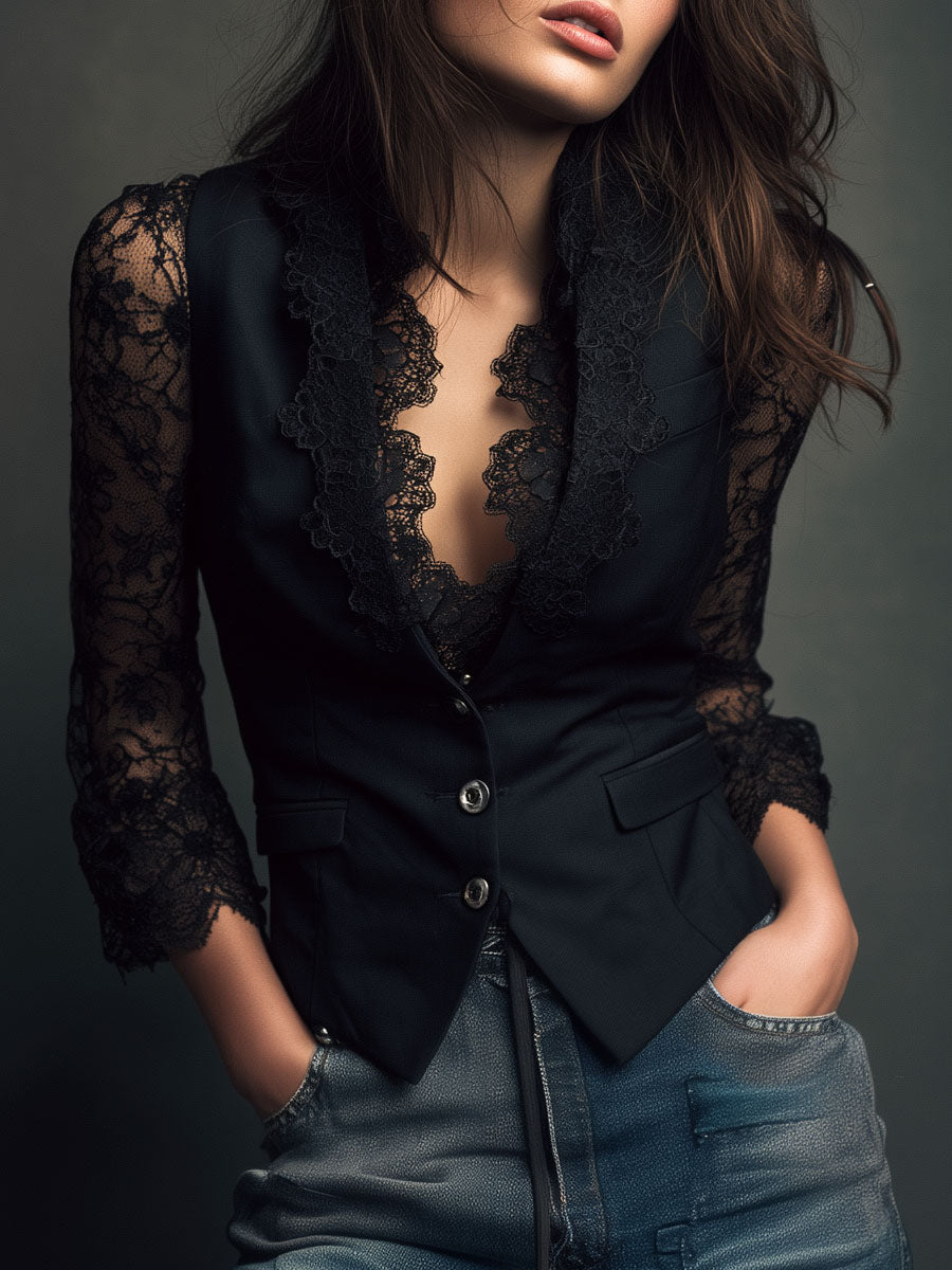 Bruxelle - Women's Elegant Lace Blouse with Transparent Sleeves