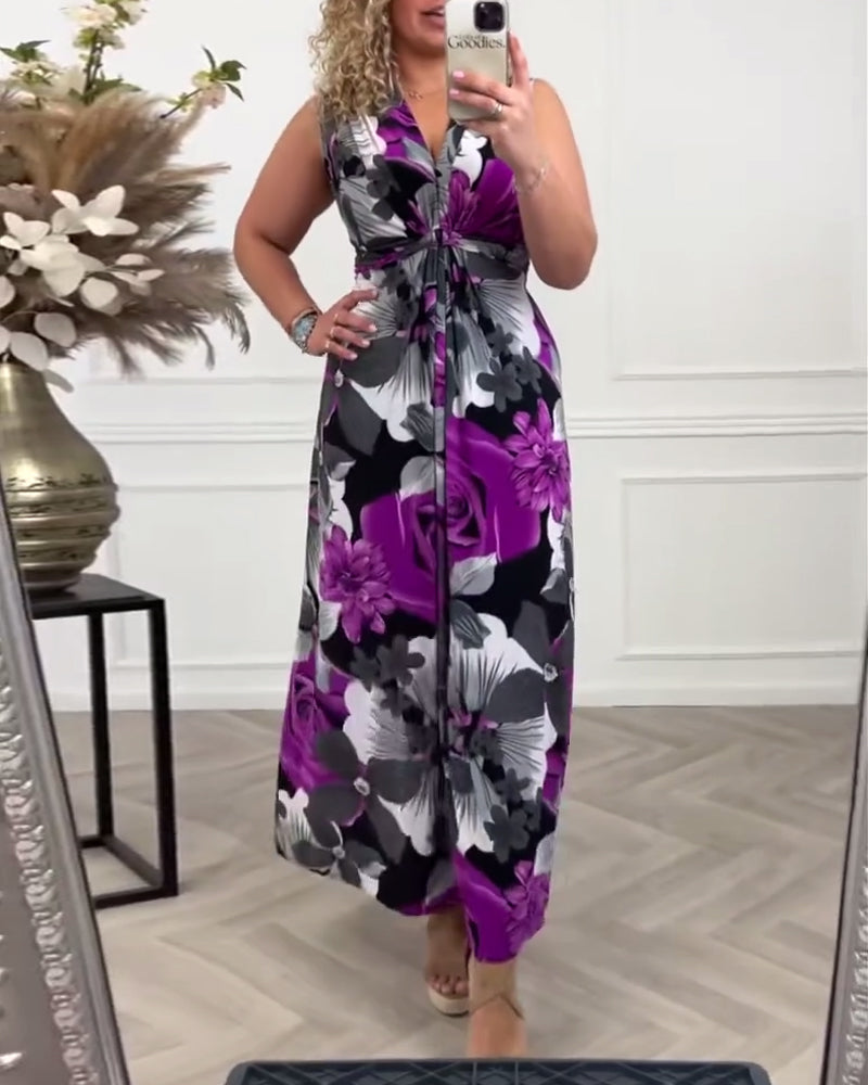 Sacha - Elegant sleeveless dress with pleated floral print
