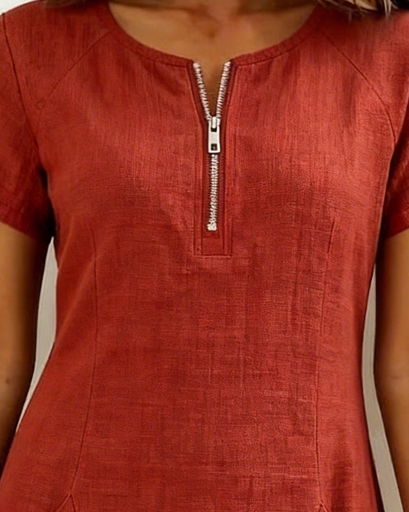 Kovira - Cotton Linen Short Dress with Zipper and Pockets