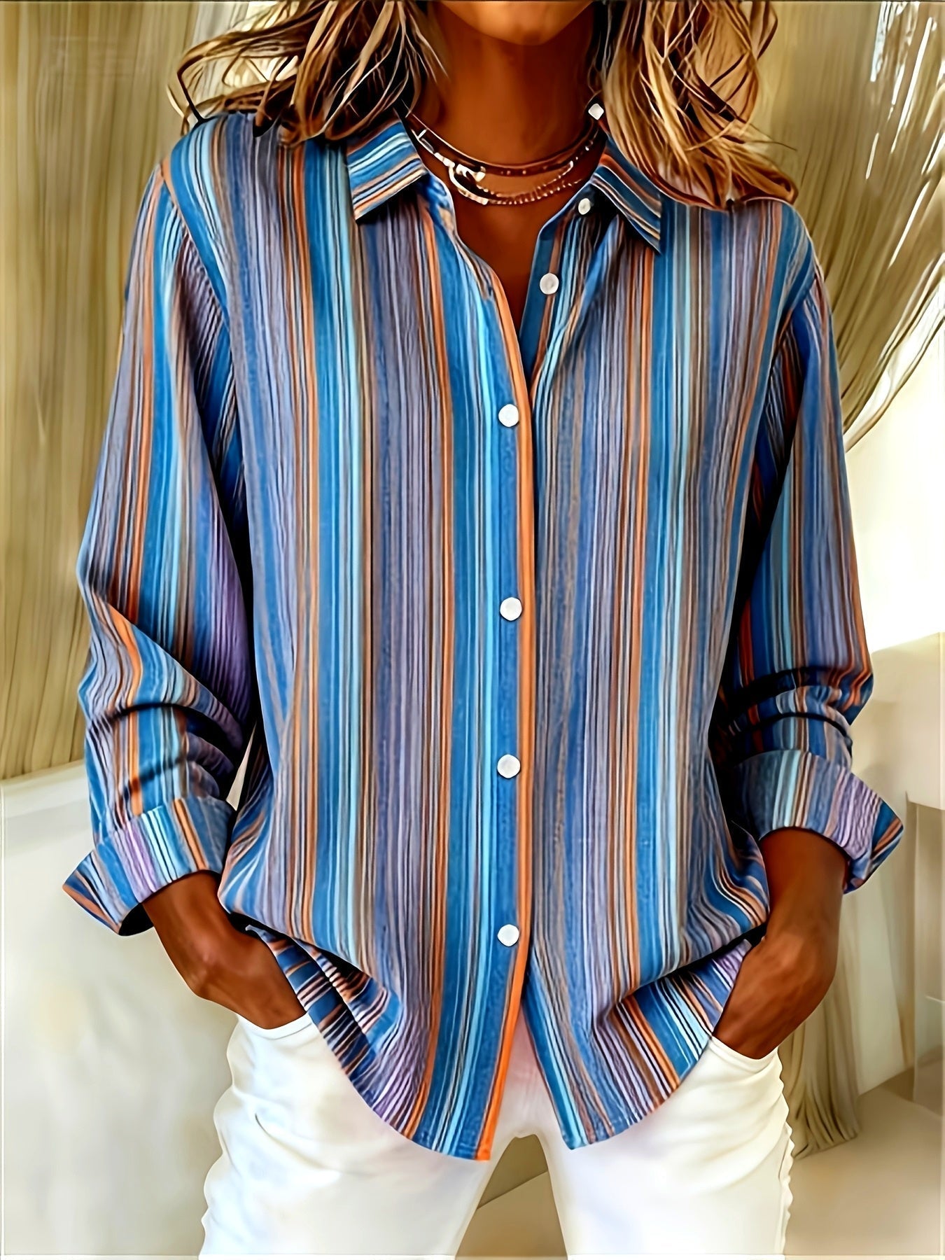 Qirexa - Women's Vertical Striped Loose Fit Button-Down Casual Shirt