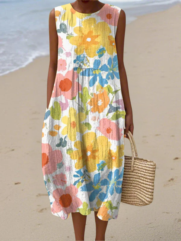 Tazira - Women's Summer Flowy Artistic Print Sleeveless Lightweight Comfortable Dress