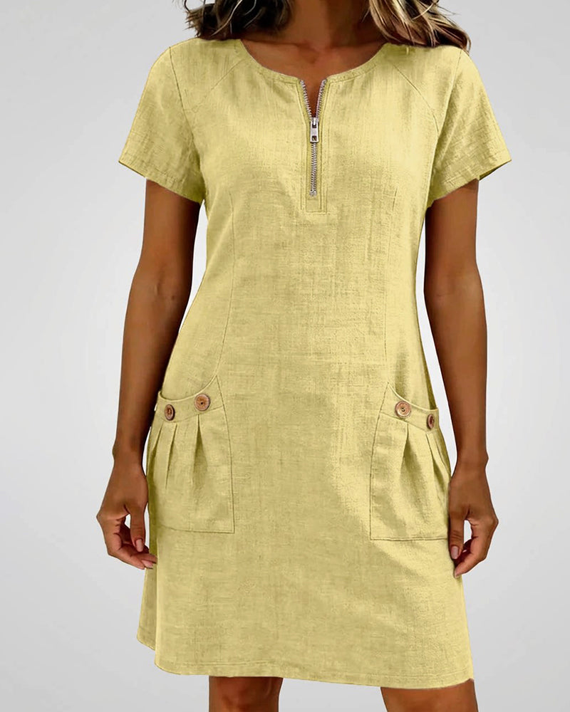 Kovira - Cotton Linen Short Dress with Zipper and Pockets