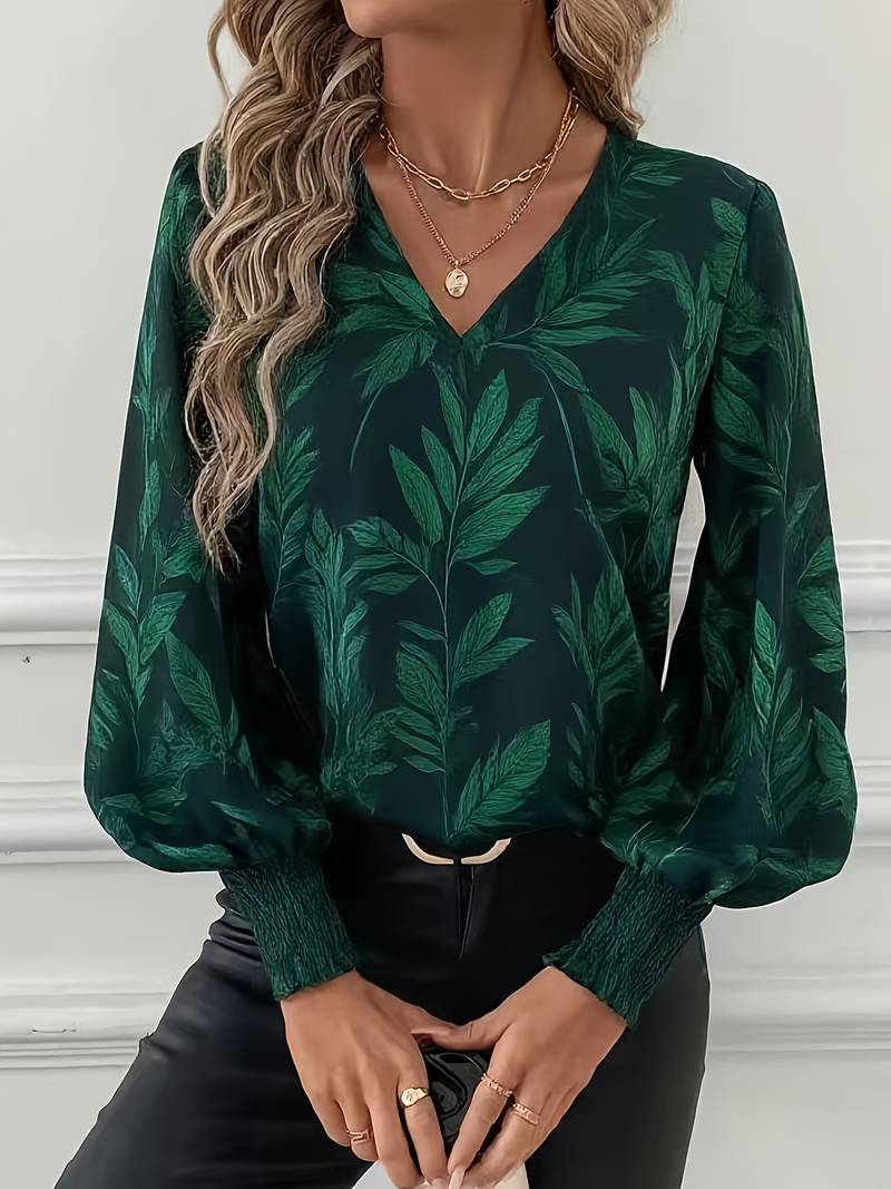 Heliviennea - Elegant Long-Sleeved Blouse with Leaf Print